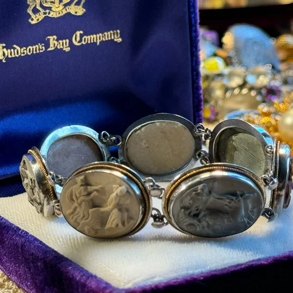 Antique Bracelet Stone Cameo 800 Silver Victorian Lava RARE Seven Days Chariots - Picture 12 of 14